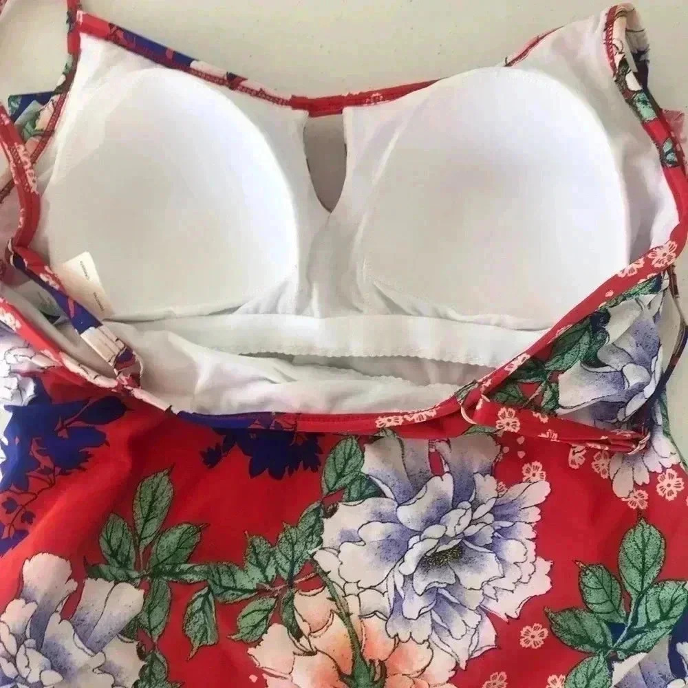 CLEANWATER Red Floral Ruffle Keyhole Tankini Swim Top - SZ Womens Medium - NWT - Picture 5 of 7